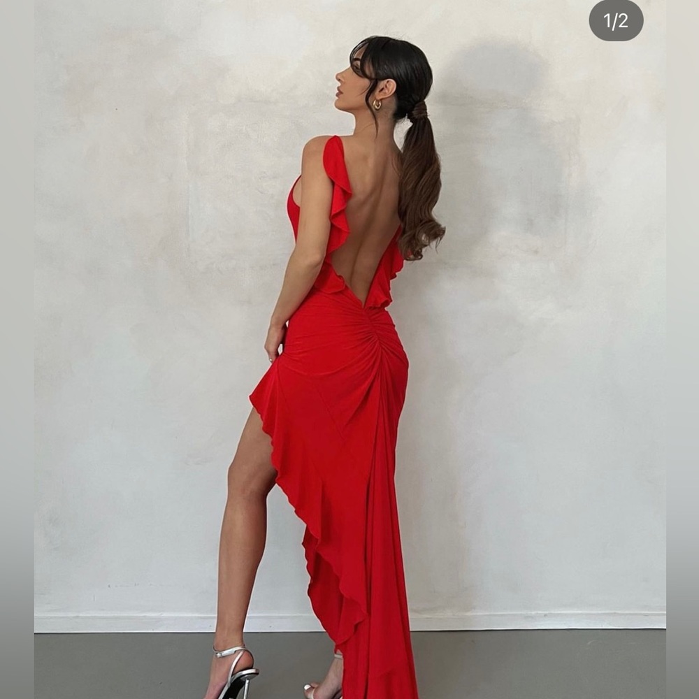Red Maxi Dress with slit and ruffle detail